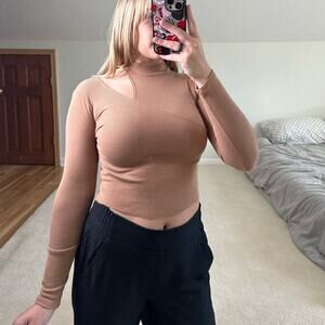 21 Saints: Cotton Ribbed Key Hole Tan Mockneck Long Sleeve Tee